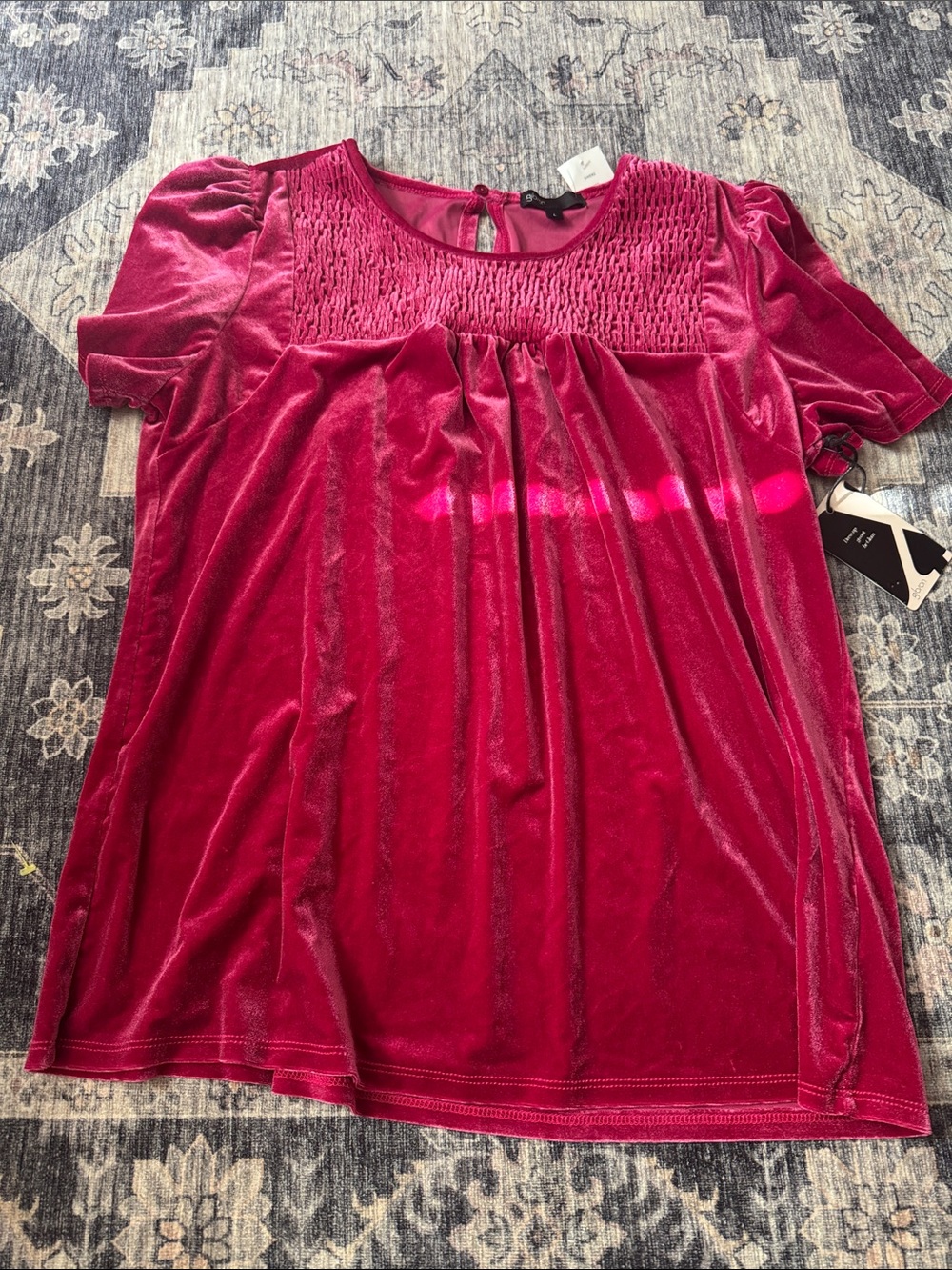 Gibson Velvet Smocked Yoke Short Sleeve Top - Fuchsia
